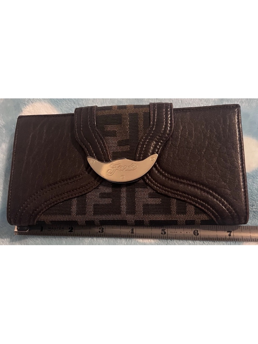 Fendi Brown Leather and Zucca Canvas Continental Wallet with Gold Plaque - Picture 8 of 13